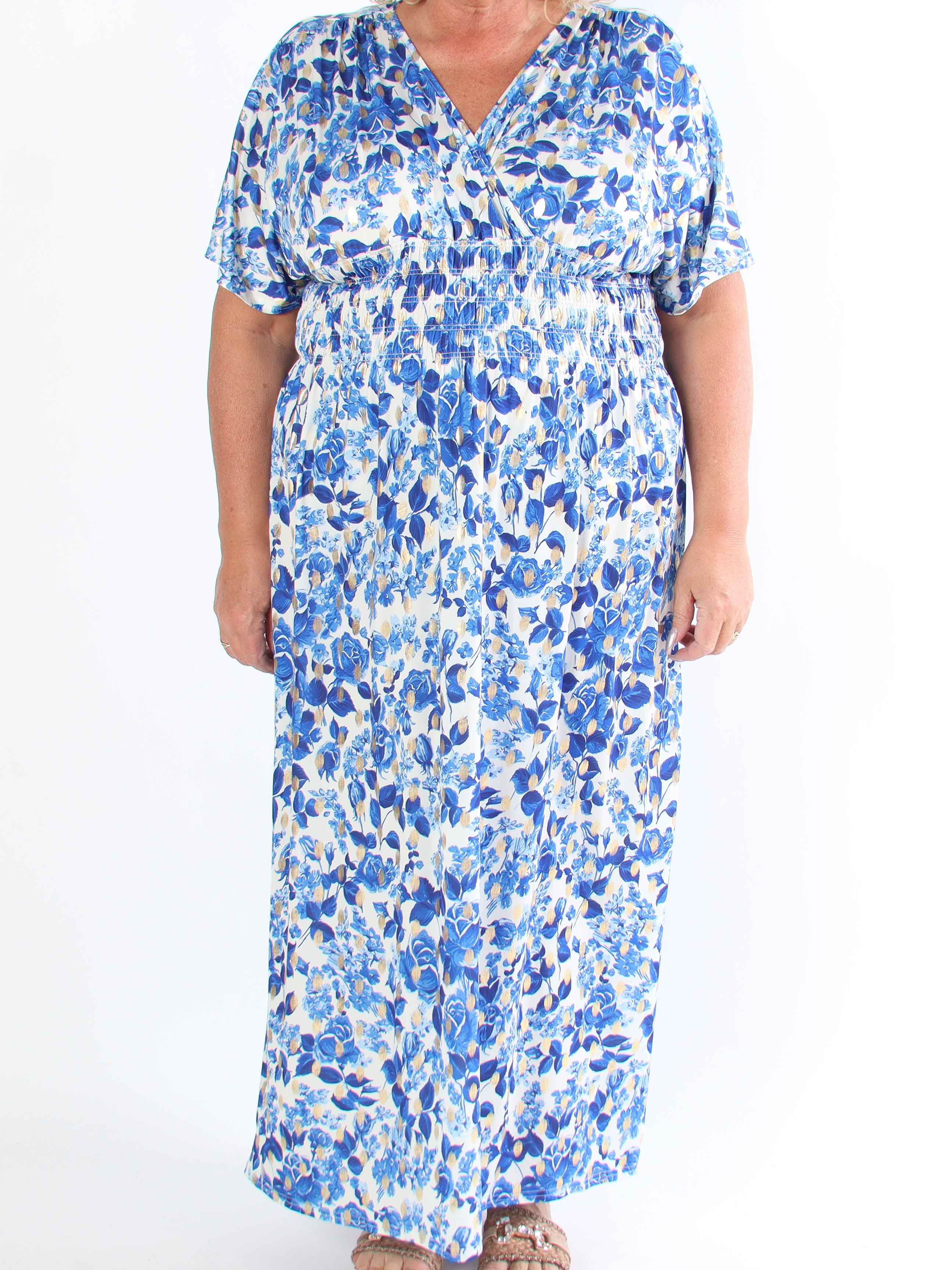 Pams Small Rose - Plus size kjole med blomsterprint og guld detaljer